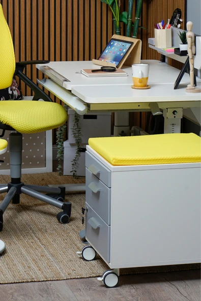 Creo Mobili Çekmeceli Kilitli Tekerlekli Vega Keson, Oturulabilir Ofis ve Ev Komodini, Ekru/Sarı - 7