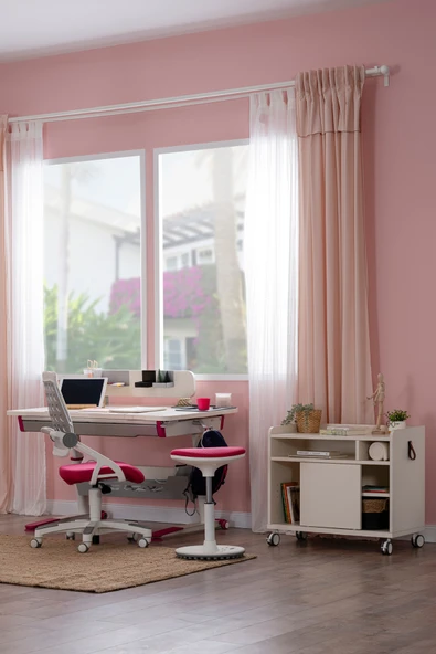 Creo Mobili Yükseklik ve Eğim Ayarlı, Sirius Premium Plus Bilgisayar, Çalışma Masası Seti Ekru/Fuşya - Resim 2