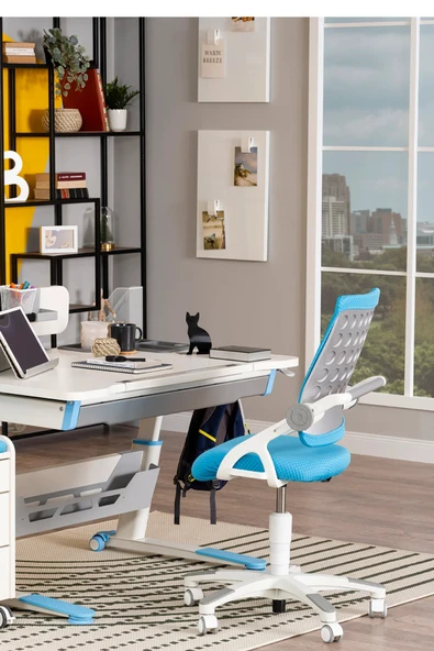 Creo Mobili Yükseklik ve Eğim Ayarlı, Sirius Premium Bilgisayar ve Çalışma Masası Takımı Beyaz/Mavi - 4