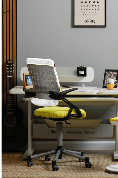 Creo Mobili Yükseklik Ayarlı Vega Çalışma Sandalyesi, Ofis ve Bilgisayar Koltuğu Beyaz/Sarı - 3