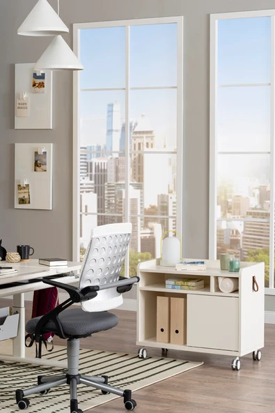 Creo Mobili Sürgü Kapaklı Organizer Smart Keson, Frenli Tekerlekli Ofis ve Ev Komodini, Ekru - 2