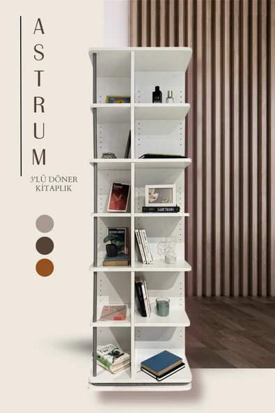 Creo Mobili Modüler Raflı Astrum 3'lü Ev ve Ofis Kitaplığı, Modern Ahşap Döner Kitaplık, Ekru