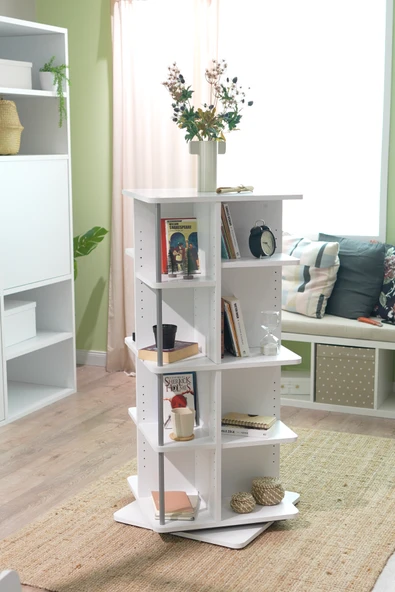 Creo Mobili Modüler Raflı Astrum 2'li Ev ve Ofis Kitaplığı, Modern Ahşap Döner Kitaplık, Ekru - 4