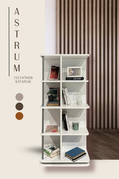 Creo Mobili Modüler Raflı Astrum 2'li Ev ve Ofis Kitaplığı, Modern Ahşap Döner Kitaplık, Ekru