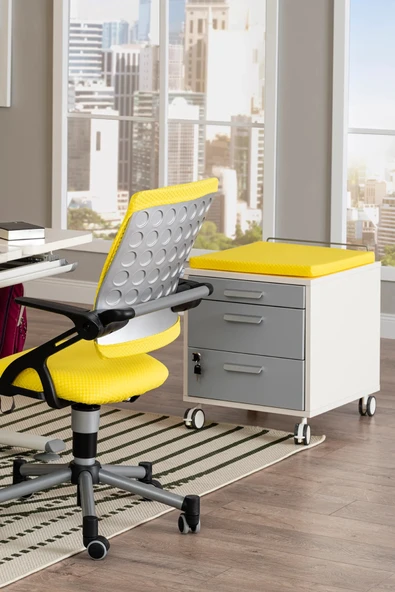 Creo Mobili Çekmeceli Kilitli Tekerlekli Vega Keson, Oturulabilir Ofis ve Ev Komodini, Ekru/Sarı - 6