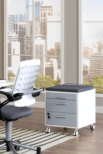 Creo Mobili Çekmeceli Kilitli Tekerlekli Vega Keson, Oturulabilir Ofis ve Ev Komodini, Beyaz/Gri - 5