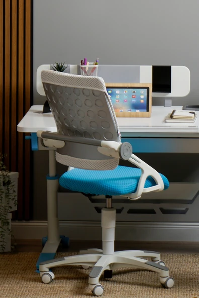 Creo Mobili Yükseklik ve Sırt Ayarlı Sirius Çalışma Sandalyesi Ofis ve Bilgisayar Koltuğu Beyaz/Mavi - 3