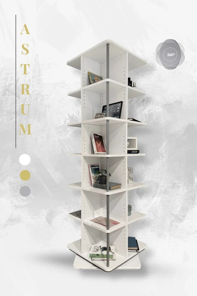 Creo Mobili Modüler Raflı Astrum 3'lü Ev ve Ofis Kitaplığı, Modern Ahşap Döner Kitaplık, Ekru - 2