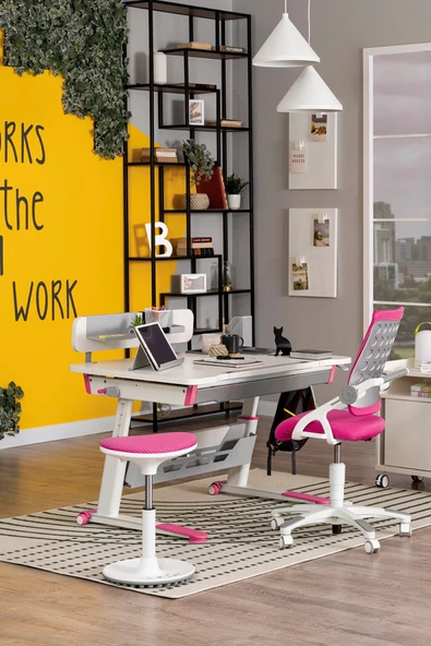 Creo Mobili Yükseklik ve Eğim Ayarlı, Sirius Premium Bilgisayar ve Çalışma Masası Takımı Beyaz/Fuşya - Resim 6