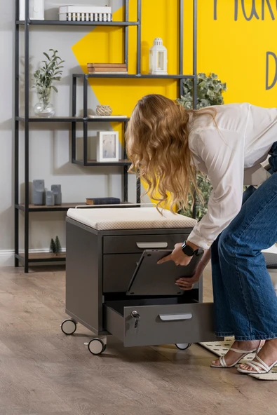 Creo Mobili Çekmeceli Kilitli Tekerlekli Vega Keson, Oturulabilir Ofis ve Ev Komodini, Ekru/Sarı - 2