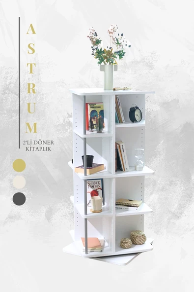 Creo Mobili Modüler Raflı Astrum 2'li Ev ve Ofis Kitaplığı, Modern Ahşap Döner Kitaplık, Beyaz - 2