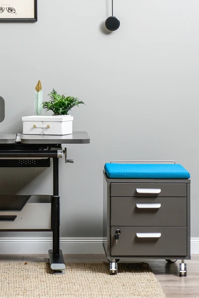 Creo Mobili Çekmeceli Kilitli Tekerlekli Vega Keson, Oturulabilir Ofis ve Ev Komodini, Antrasit/Mavi