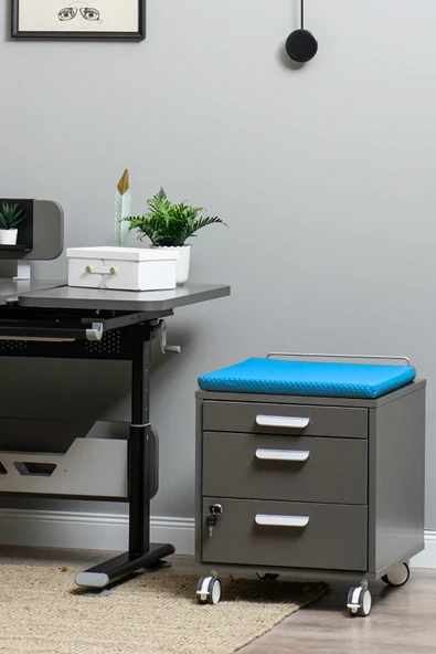 Creo Mobili Çekmeceli Kilitli Tekerlekli Vega Keson, Oturulabilir Ofis ve Ev Komodini, Antrasit/Mavi - 3
