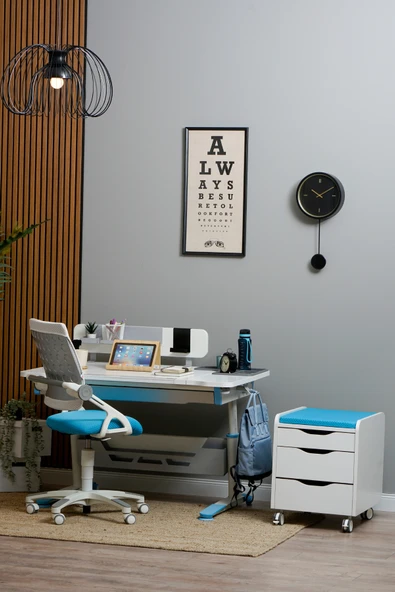 Creo Mobili Yükseklik ve Eğim Ayarlı, Sirius Delüx Bilgisayar ve Çalışma Masası Takımı, Ekru/Mavi