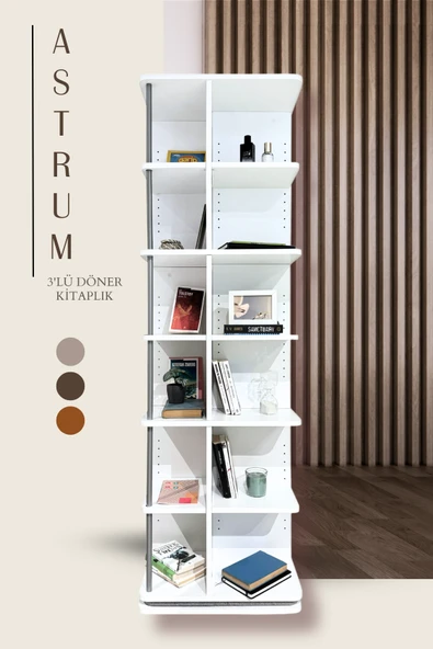 Creo Mobili Modüler Raflı Astrum 3'lü Ev ve Ofis Kitaplığı, Modern Ahşap Döner Kitaplık, Beyaz