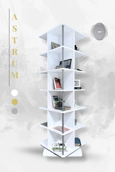 Creo Mobili Modüler Raflı Astrum 3'lü Ev ve Ofis Kitaplığı, Modern Ahşap Döner Kitaplık, Beyaz - 2