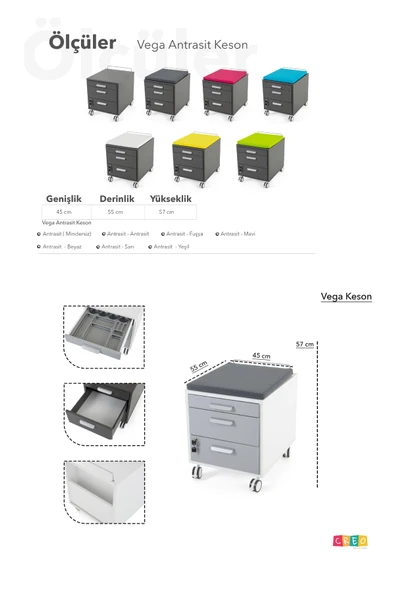 Creo Mobili Çekmeceli Kilitli Tekerlekli Vega Keson, Oturulabilir Ofis ve Ev Komodini Antrasit/Fuşya - 8
