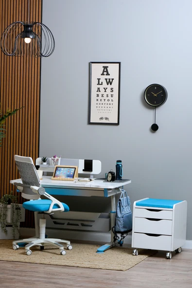 Creo Mobili Yükseklik ve Eğim Ayarlı, Sirius Delüx Bilgisayar ve Çalışma Masası Takımı, Beyaz/Mavi