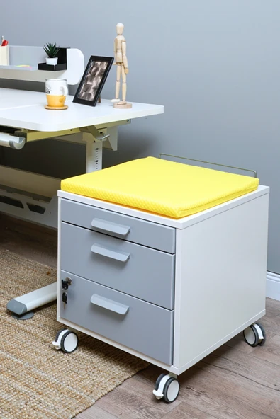 Creo Mobili Çekmeceli Kilitli Tekerlekli Vega Keson, Oturulabilir Ofis ve Ev Komodini, Beyaz/Sarı - 6