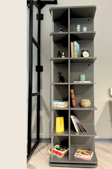 Creo Mobili Modüler Raflı Astrum 3'lü Ev ve Ofis Kitaplığı, Modern Ahşap Döner Kitaplık, Antrasit - 5