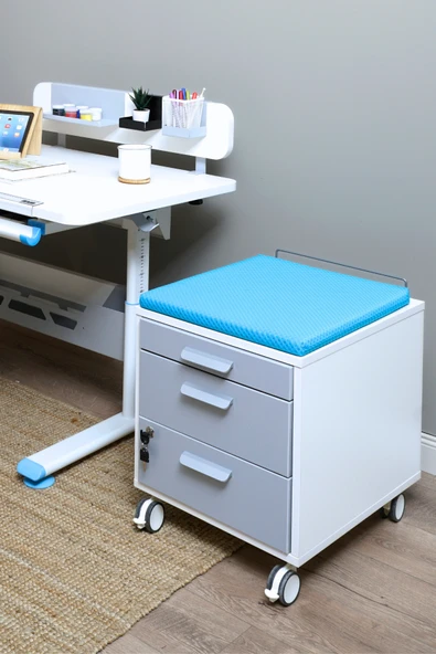 Creo Mobili Çekmeceli Kilitli Tekerlekli Vega Keson, Oturulabilir Ofis ve Ev Komodini, Beyaz/Mavi - 7