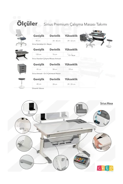 Creo Mobili Yükseklik ve Eğim Ayarlı, Sirius Premium Bilgisayar ve Çalışma Masası Takımı Ekru/Gri - Resim 8