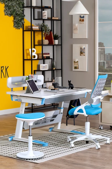 Creo Mobili Yükseklik ve Eğim Ayarlı, Sirius Premium Plus Bilgisayar, Çalışma Masası Seti Beyaz/Mavi - Resim 4