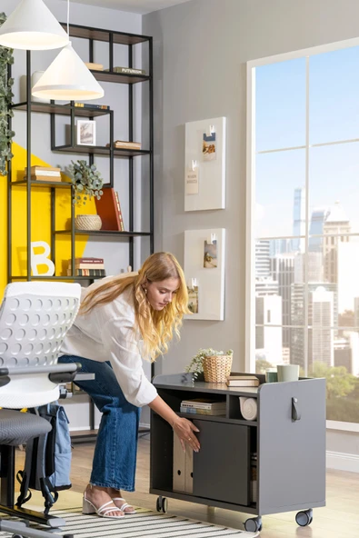 Creo Mobili Sürgü Kapaklı Organizer Smart Keson, Frenli Tekerlekli Ofis ve Ev Komodini, Ekru - 7