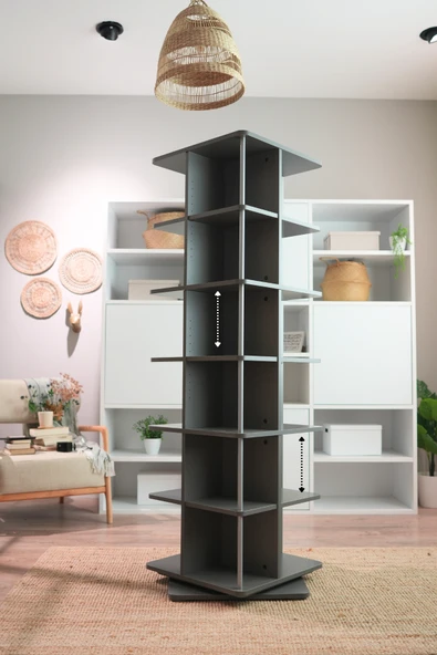 Creo Mobili Modüler Raflı Astrum 3'lü Ev ve Ofis Kitaplığı, Modern Ahşap Döner Kitaplık, Antrasit - 4