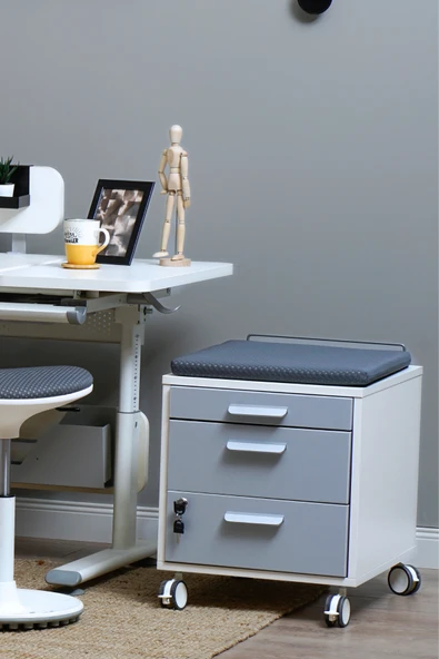 Creo Mobili Çekmeceli Kilitli Tekerlekli Vega Keson, Oturulabilir Ofis ve Ev Komodini, Beyaz/Gri - 7
