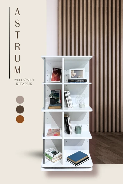 Creo Mobili Modüler Raflı Astrum 2'li Ev ve Ofis Kitaplığı, Modern Ahşap Döner Kitaplık, Beyaz