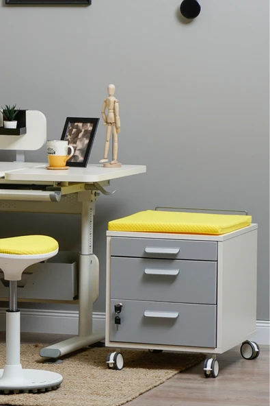 Creo Mobili Çekmeceli Kilitli Tekerlekli Vega Keson, Oturulabilir Ofis ve Ev Komodini, Ekru/Sarı - 5