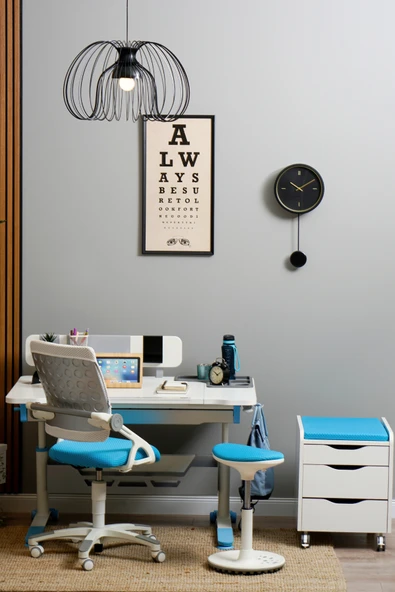 Creo Mobili Yükseklik ve Eğim Ayarlı, Sirius Premium Bilgisayar ve Çalışma Masası Takımı Ekru/Mavi