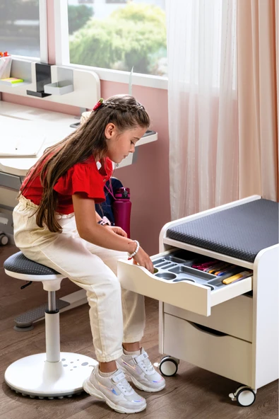 Creo Mobili Çekmeceli Kilitli Tekerlekli Sirius Keson, Oturulabilir Ofis ve Ev Komodini, Beyaz/Gri - 4