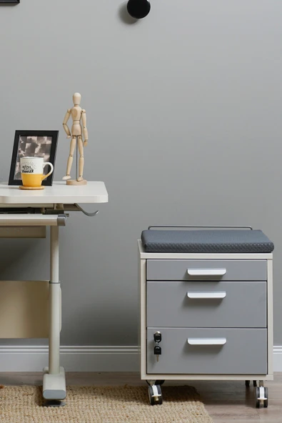 Creo Mobili Çekmeceli Kilitli Tekerlekli Vega Keson, Oturulabilir Ofis ve Ev Komodini, Beyaz/Gri