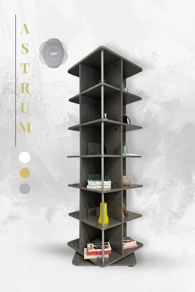 Creo Mobili Modüler Raflı Astrum 3'lü Ev ve Ofis Kitaplığı, Modern Ahşap Döner Kitaplık, Antrasit - 2