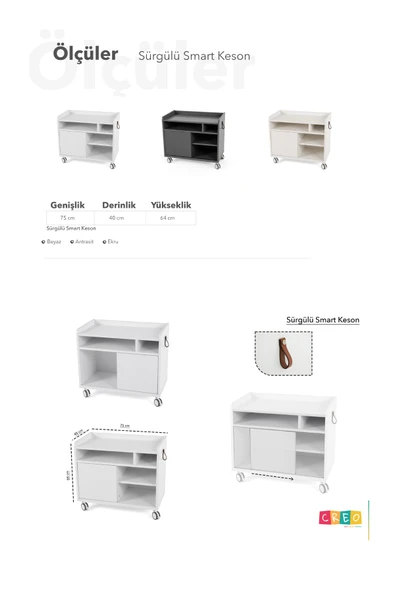 Creo Mobili Sürgü Kapaklı Organizer Smart Keson, Frenli Tekerlekli Ofis ve Ev Komodini, Ekru - 8