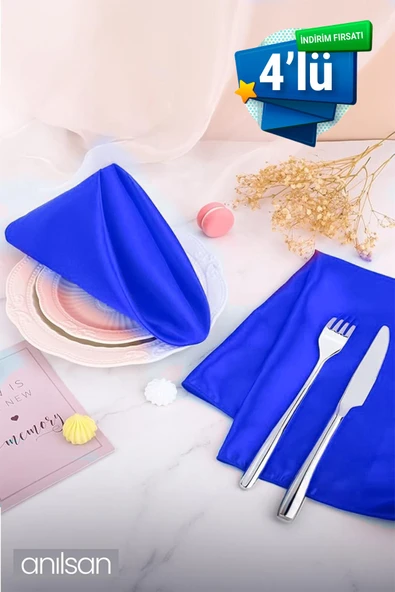 4’lü %100 Pamuk Kumaş Peçete Mavi 50x50 Cm Mutfak Bezi Sofra Sunum Servis Peçetesi