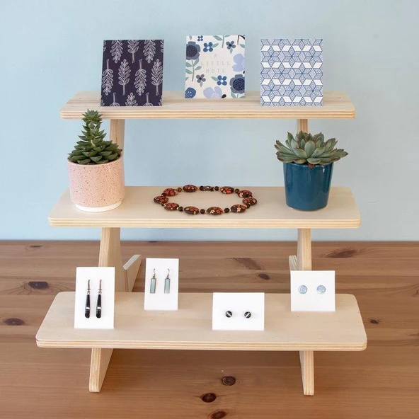 Ahşap Üç Katlı Raflı Sergileme Tezgahı Standı Sunum Sehpası, Ahşap Sunum Rafı, Kek Ve Pasta Sunum Standı Üç Katlı Raf - 4