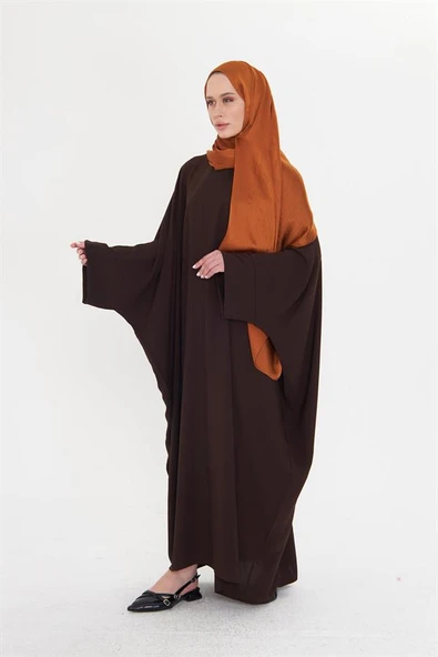 Kahve Yarasa Kol Oversize Medine İpeği Arkası Düğmeli Düz Elbise 4001_14 - 3