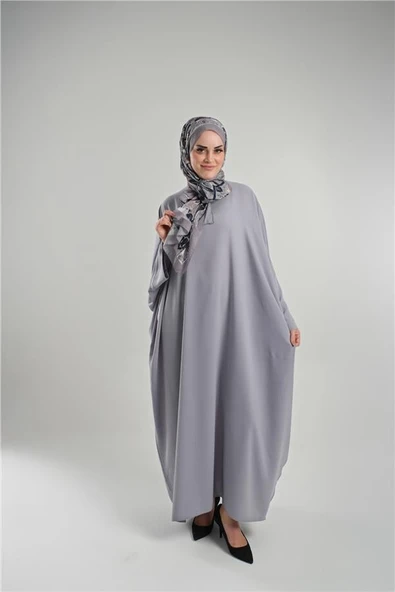 Gri Yarasa Kol Oversize Medine İpeği Arkası Düğmeli Düz Elbise 4001_15 - 2