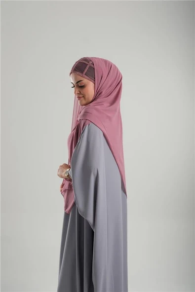 Gül Kurusu Arkadan Bağlamalı Abiye Şal Şifon Kare Desenli Taşlı 1900_18 - Resim 3