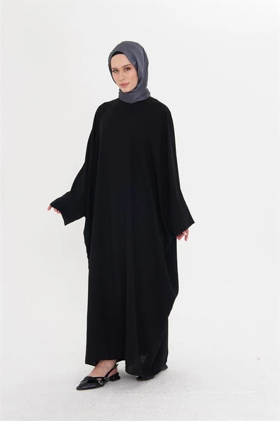 Siyah Yarasa Kol Oversize Medine İpeği Arkası Düğmeli Düz Elbise 4001_01 - 2