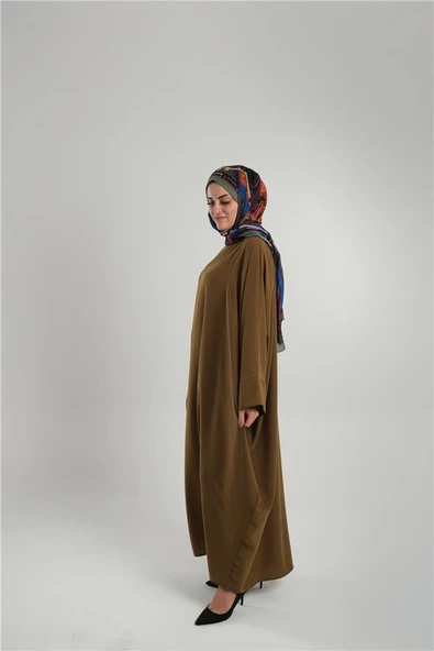 Haki Yarasa Kol Oversize Medine İpeği Arkası Düğmeli Düz Elbise 4001_09 - 2