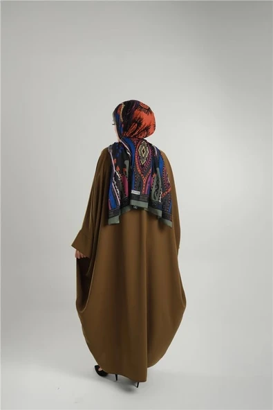 Haki Yarasa Kol Oversize Medine İpeği Arkası Düğmeli Düz Elbise 4001_09 - 3