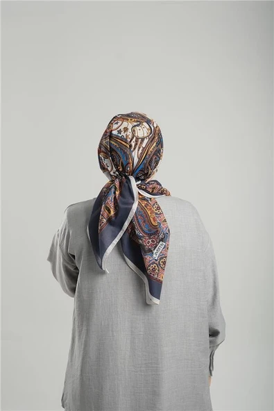 Lacivert Desenli Eşarp Kesik Elyaf Pamuksu Etnik Dijital Baskılı 202203_02 - Resim 3