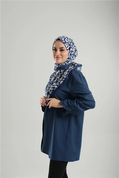 Lacivert Desenli Eşarp Kesik Elyaf Pamuksu Leopar Dijital Baskılı 202206_02 - Resim 2