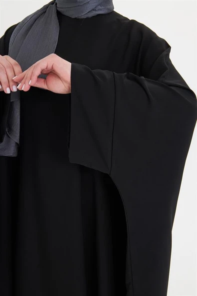 Siyah Yarasa Kol Oversize Medine İpeği Arkası Düğmeli Düz Elbise 4001_01 - 4