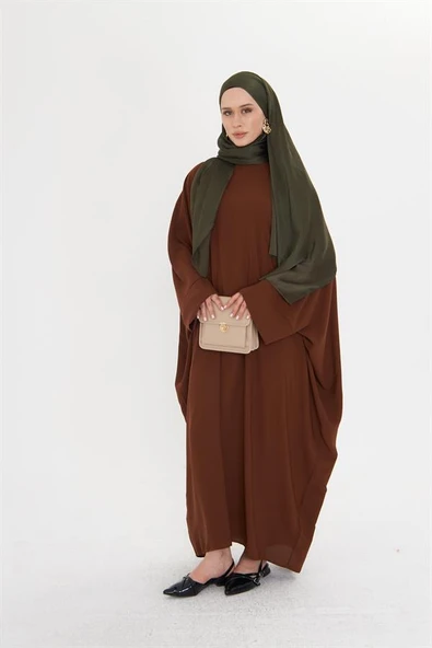 Açık Kahve Yarasa Kol Oversize Medine İpeği Arkası Düğmeli Düz Elbise 4001_47 - 7