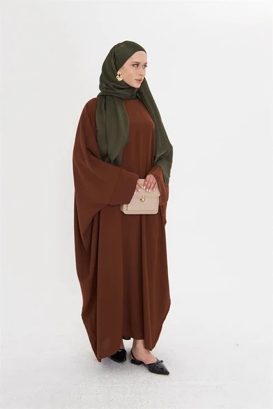 Açık Kahve Yarasa Kol Oversize Medine İpeği Arkası Düğmeli Düz Elbise 4001_47 - 3